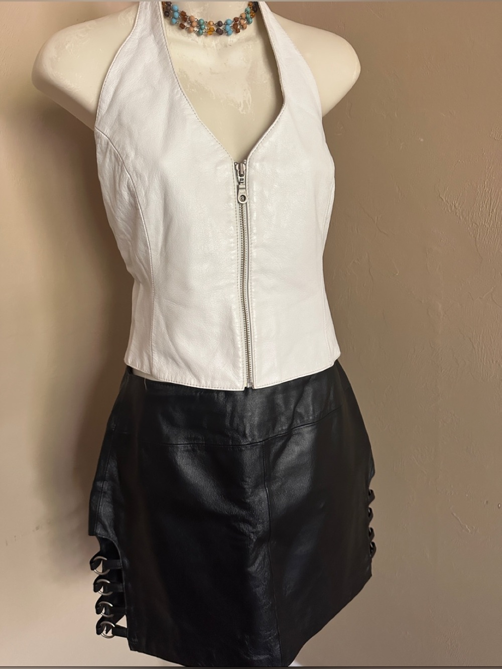 Wilsons Leather White Leather Halter Zip Front Top